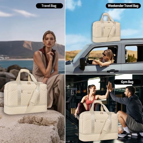Stuery Weekender Bags for Women with Toiletry Bags: Large Overnight Bags Travel Duffel Bag Carry On Shoulder Weekend Tote with Shoe Compartment and Wet Pocket for Girls Airplane Traveling,Beige White - color: C-3PCS Beige White