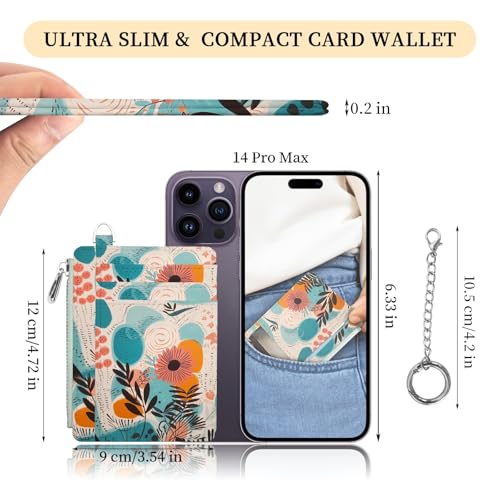 Hancynir Boho Floral Small Wallet Women Credit Card Holder, Slim RFID | Zipper Keychain Wallet, Travel Coin Front Pocket, Ladies Women Gifts, Thin Minimalist Card Case, 6 Card Slots, PU Leather - color: Abstract Keychain Wallet