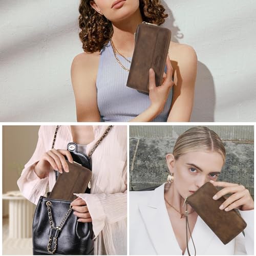 Leather Wallet Women,RFID Blocking Wristlet Wallet(khaki) | Large Capacity Design With 12 Credit Card Slots,Zip Coin Pocket,Cash Pocket,Detachable Wristlet,Daily Shopping Travel Wallet - color: a5-khaki