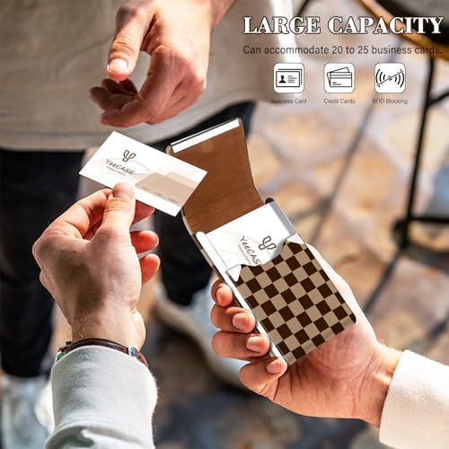 2Pack Leather Stainless Steel Business Card Holder, Metal Slim Business Card Case for Women or Men, Pocket Business Card Carrier with Prints, Magnetic Closure, RFID Blocking - color: Plaid-Brown