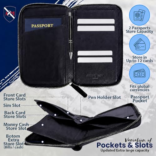ALLEN & MATE Genuine Leather Passport Holder for Travel, RFID Blocking Travel Wallet Fits 2 Passports and 12 Cards, Zippered Document Organizer with SIM Slot and Pen Loop for Men and Women - color: Black