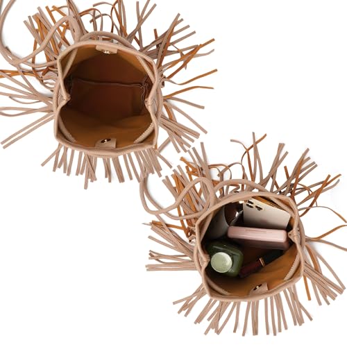 Women Mini Tassel PU Leather Crossbody Shoulder Bag Drawstring Bucket Bag | Small Fringe Cross body Bag Cell Phone Coin Purse Wallet - color: Khaki