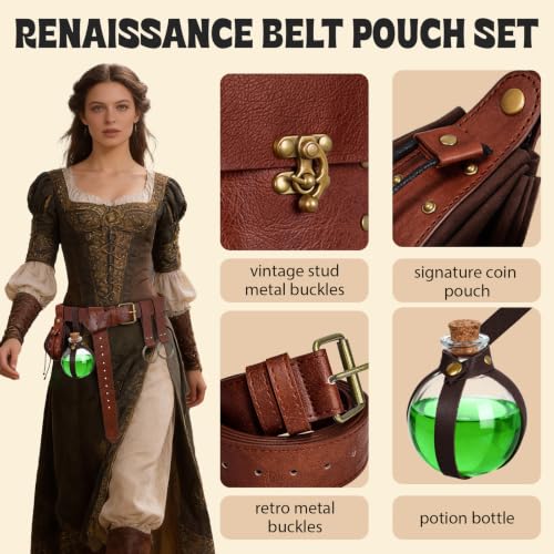 Renaissance Belt Pouch Medieval Pirate Costume Accessories Set for Cosplay | Viking Faux Leather Waist Bag, Skirt Hike Clips, Perfect for Women and Men Ren Faire, LARP, Fantasy, Halloween - color: Brown-V
