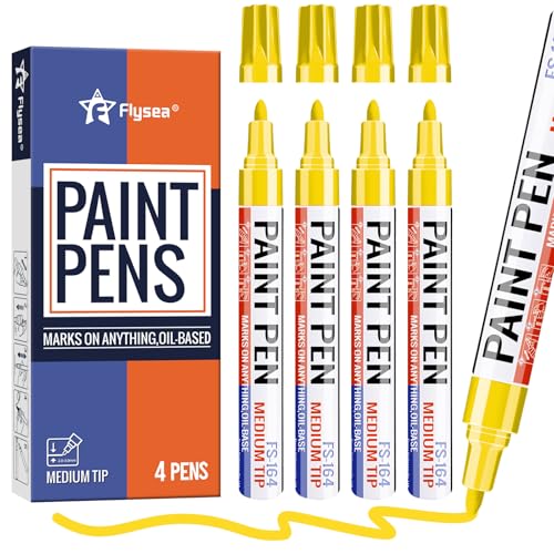 Yellow Paint Pens 4 Pcs Oil Based Medium Tip Permanent Marker Pen | Waterproof, Quick-drying, Fade Resistant, 3mm Paint Markers for Rock Painting, Plastic, Metal, Car Tyre, Glass, Wood, Canvas - color: Yellow