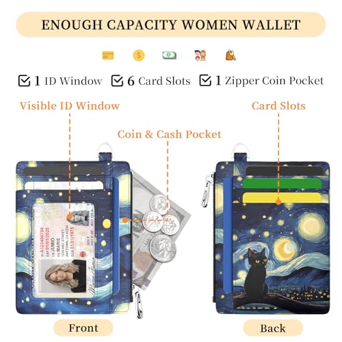 Hancynir Black Cat Small Wallet Women Credit Card Holder, Slim RFID Cute | Zipper Keychain Wallet, Travel Coin Front Pocket, Ladies Women Gifts, Thin Minimalist Card Case, 6 Card Slots, PU Leather - color: Black Cat Keychain Wallet