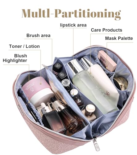 BOYATU Travel Makeup Bags Cosmetic Organizer Bag: 3-Set Large Capacity Make up Bag - PU Leather Toiletry Bags for Women - Wide Open Portable Pouch with Divider & Handle (A-Light Pink) - color: A-Light Pink