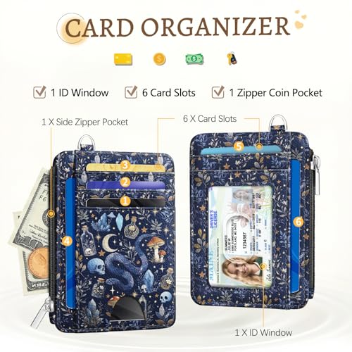 Kelvoris Credit Card Holder Small Wallet Women, Slim RFID, Goth Mushroom | Keychain, Zipper Coin Pocket, Front Pocket Thin Travel Card Case, Minimalist, 6 Card Slots, 1 ID Window, Ladies Gifts Woman - color: Blue Goth Skull