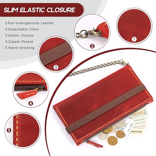 Robrasim Leather Wallet for Men and Women, Handmade Detachable Chain Wristlet Long Bifold Clutch with Large Capacity Zipper Coin Pocket (Wine, 7.87"x4.17") - color: Wine