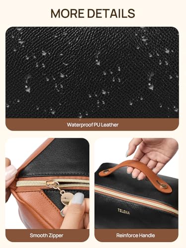 Telena Leather Make Up Bag Portable Travel Makeup Bag Waterproof Cosmetic Bags for Women Large Capacity With Handle and Divider Open Lay Flat | Cosmetic Bags for Women Large Capacity With Handle and Divider Open Lay Flat - color: 0-Black with Brown