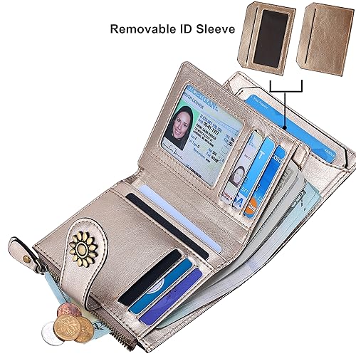 Womens Leather Wallet Small Compact RFID Blocking Credit Card Case Purse with Zipper Pocket | Small - color: Champagne Gold