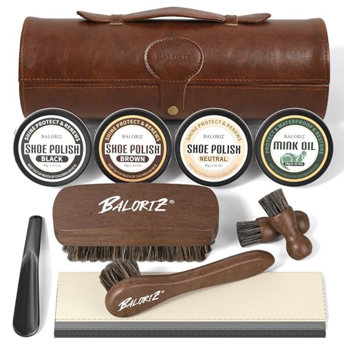 13Pcs Shoe Polish Kit, Shoe Shine Kit for Men & Women with Horsehair Brush, Mink Oil for Leather Boot Shoe Care Kit - color: Dark Brown