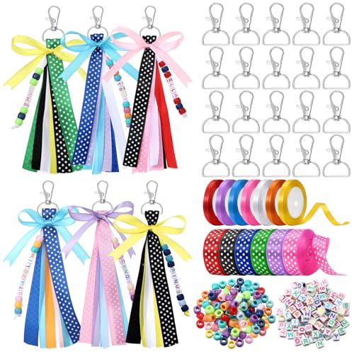 Zeyune 233 Pcs 20 Set DIY Bead Keychain Making Kits Bag Charm Beads Craft Ribbon Bow Key Chain Letter Alphabet Keychain Jewelry Backpack Accessories for Back to School Gifts Making Party Favor