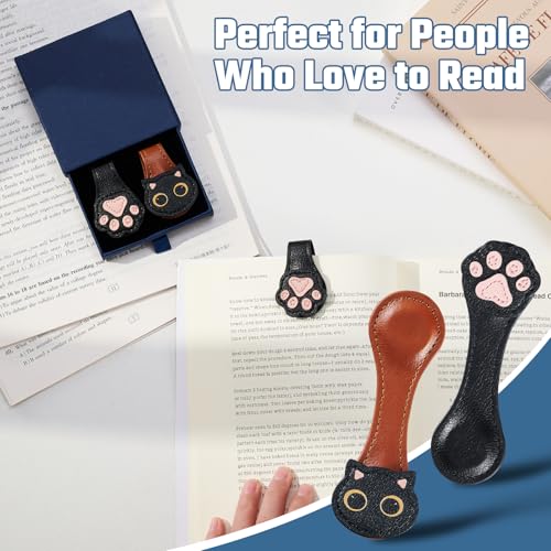 Ovesmusl 2Pcs PU Leather Cat+Paw Magnetic Bookmarks with Pen Holder | Brown and black set with double-sided magnets, gift box included, for books, notebooks, magazines, readers and teachers - style: Cat+Paw (Brown+Black)