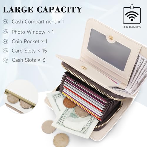 KITEVIUN Women RFID Blocking Small Bifold Wallet, Compact Cash Clutch with Zipper Coin Pocket, Glittery Butterfly Design, Credit Card Holder, Travel Purse with Tassel WHITE - color: 01-WHITE