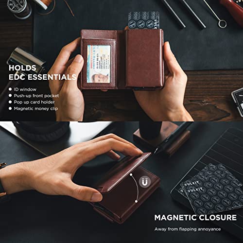 VULKIT Money Clip Wallet Pop Up Card Holder RFID Protection Mens Leather Wallet 2-IN-1 Business Card Holder For 7 Cards & 15 Bills - color: Espresso