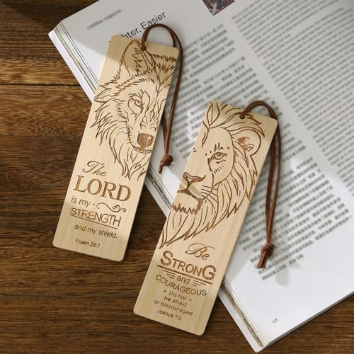 2 Pcs Bible Bookmark Bamboo Bookmarks for Men, Inspirational Christian Religious Gifts for Men Book Marks for Reading Men (Wolf and Lion) - style: Wolf and Lion