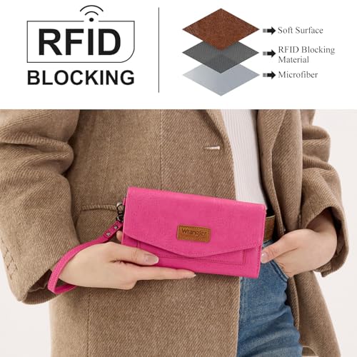 Montana West X Wrangler Womens Wallet Large Capacity Long Compact | Womens Wallet Card Cases & Money Organizers for Ladies Female Zipper Wallet Wristlet with Coin Purse and Wrist Strap - color: Trifold-Hot Pink
