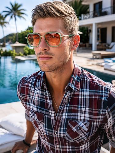 kimorn Women's Tangle Free Aviator Sunglasses, Polarized UV400 Protecion | Retro Square Frame Shades, Small-Medium Fit, Driving, Beach, Daily Wear - color: Gold+clear Green+pink Grading