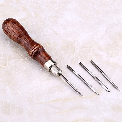 Fdit 4 in 1 Wooden Handle Leather Craft Sewing Kit Awl DIY Hole Punch Tool for Leather Sewing Hand Stitching