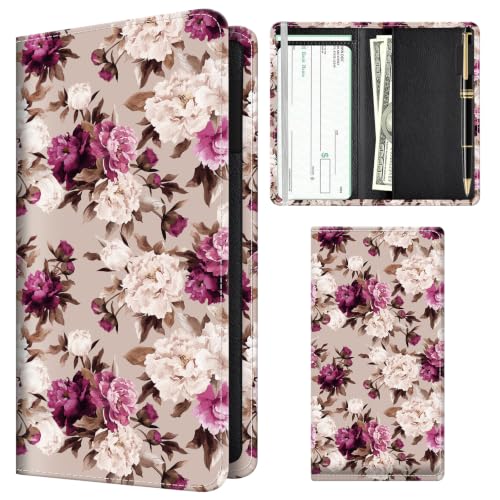 Checkbook Cover for Personal Checkbook, Cute Pu Leather Check Book for Women & Men, Slim Checkbook Holder with Pen Holder and Built-in Clear Plastic Divider, Peony Floral - color: Peony Floral