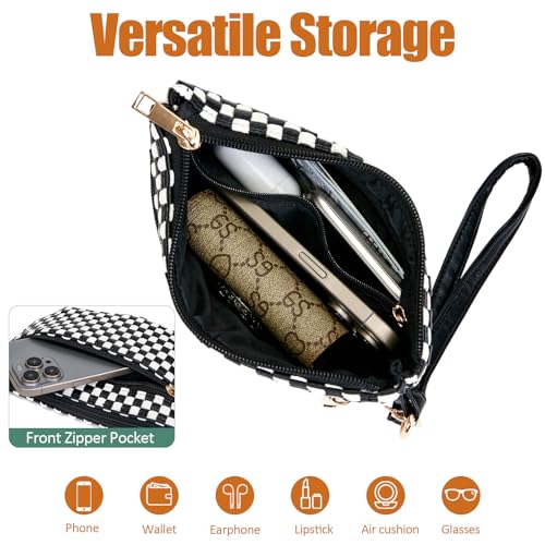 Woven Wristlet Bag for Women Checkered Crescent Pouch Wallet Small Purse - color: Black