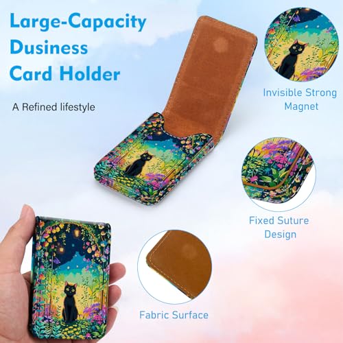 Business Card Holder, PU Leather Printing Business Card Case Pocket with Magnetic Shut, Portable Business Card Carrier Holder for Women or Men (Flower-Cat) - color: Flower-Cat