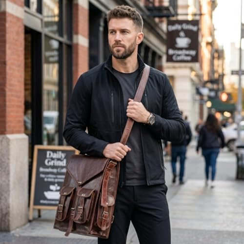 Convertible Leather Laptop Backpack for Men – 17 Inch Business Travel Bag, 2-in-1 Messenger & Backpack, Full Grain Leather Work Bag, Carry On Professional Office Bag (12" x 16")