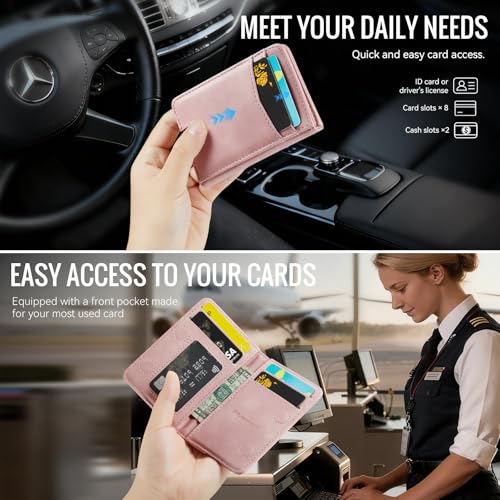 Slim Wallet for Women RFID Blocking Credit Card Holder Bifold Front Pocket Mini Wallet with 8 Card Slots and 2 Cash Pockets, Minimalist PU Leather Small Travel Purse Compact Gift Girls, Pink - color: Pink