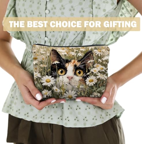 Cute Cat Floral Makeup Bag for Women,Cats Lover Lady Mom Grandma Gifts,Gifts for Women Cat Lovers, Calico Cat Daisy Kitten Zipper Makeup Pouch,Spring Holiday Toiletry Bag - color: Cute Cat