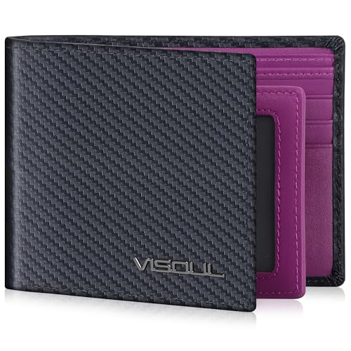 VISOUL Mens Bifold Wallet with 2 ID Windows Carbon Fiber Leather, RFID Blocking Secure Designer Billfold Wallets for Men with Two Cash Compartments (Black+Purple) - color: Black+Purple