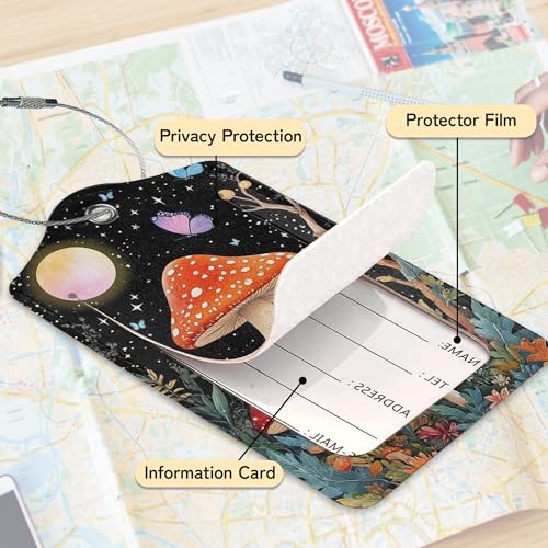 3 PCS Mushroom Luggage Tags,Colorful Butterfly Moon Star Suitcase Tags Privacy Cover ID Label with Stainless Steel Loop and Address Card for Travel Bag Suitcase - color: Mushroom Colorful Butterfly Moon Star