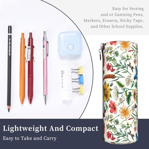 OSAM SPACE Leather Pencil Case Round Pencil Bag Flowers Dragonflies Butterfly Pen Organizer Holder Portable Zipper Pouch Cute School Supplies for Girls Boys Study Office - color: Flowers Dragonflies Butterfly