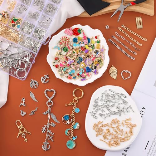 Zefy 552Pcs Charms Lipgloss Keychain Making Kit, DIY Bag Charm Gold Silver | 214 Charms & Letter, 24 Key Chain Clips with Organizer Box, 30 Extender Chains, Craft Supplies for Jewelry Making and Gifts - color: Gold Silver