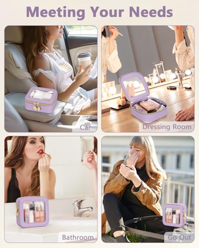 Soimeat Mini Makeup Bag, Small Makeup Bag for Purse, Waterproof Clear Makeup bag, Leather Cosmetic Bag, Square Make Up Bag Pouch, Toiletry Bag for Travel, Car and Women, Purple - color: Purple, size: Mini