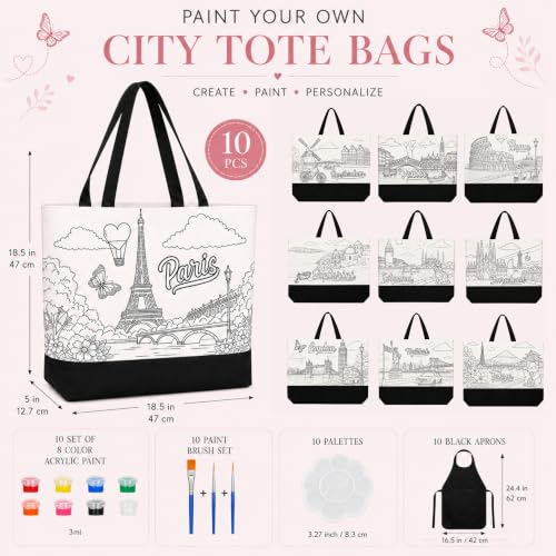 Atellya 70 pcs (10 Set) Pre Drawn Canvas Bags Set Paint and Sip Kit for Adults Painting, Paint and Sip Kit for Adults, DIY Party Women, DIY Crafts for Adults, DIY Large Tote Bags Making Kit
