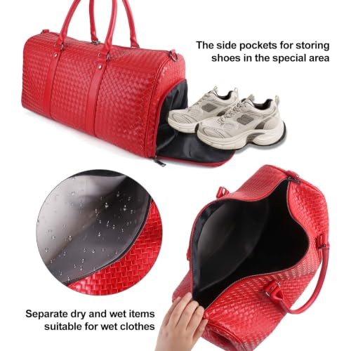 Weekender Bags for Women Woven Leather Travel Duffle Bag Gym Tote (Red) | Carry On Bag for Men with Shoe Compartment Dry and Wet Separation - color: Red