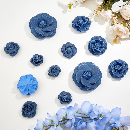 SUPERFINDINGS 16Pcs 4 Styles Marine Blue Denim Cloth Flowers Fabric Camelia Canvas Fabric Flower Flower Shaped Sewn Accessories for Clothes Decoration Jacket Skirt Coat Trim Brooch Crafts DIY - color: Marine Blue