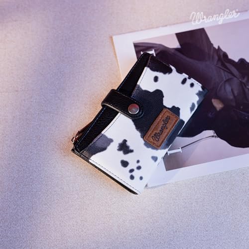 Wrangler Wallet for Women Bifold Card Holder with Zipper and ID Window - color: Cow Print - Black