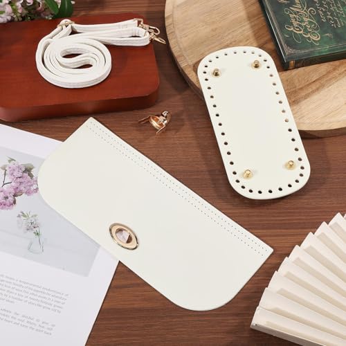 beinkmake PU Leather Purse Crochet Set, Beige Oval Bag Bottom with Flap Cover and Adjustable Shoulder Strap, DIY PU Leather Bag Knitting Set for Handbag Purse and Crossbody Bags Making - color: White