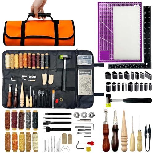 Daily Treasures 73pcs Leather Craft Kits with Portable Handbag, Leather Working Kit with 18 Punch Tool,Tracing Wheel,7 in 1 Groover,Awl,Waxed Thread,Needles,Tools for DIY Polishing Sewing Cutting