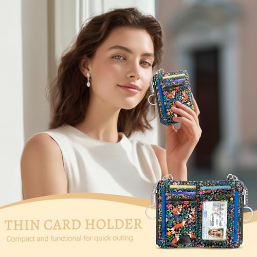 Kelvoris Credit Card Holder Small Wallet Women, Slim RFID, Fox Flowers | Keychain, Zipper Coin Pocket, Front Pocket Thin Travel Card Case, Minimalist, 6 Card Slots, 1 ID Window, Ladies Gifts Woman - color: Fox