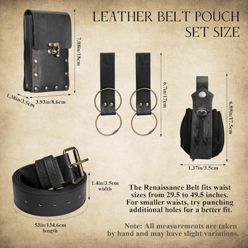 Renaissance Belt Pouch Medieval Pirate Costume Accessories Set for Cosplay | Viking Faux Leather Waist Bag, Skirt Hike Clips, Perfect for Women and Men Ren Faire, LARP, Fantasy, Halloween - color: Black-N