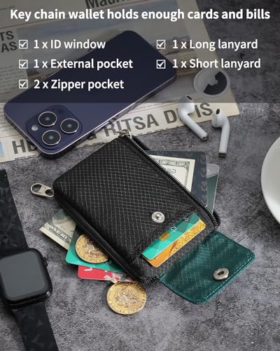 Artpaxy Minimalist Wallet For Mens Womens, Keychain RFID Blocking Zipper Small Wallet with ID Window 2 Lanyards,Water Resistant Travel Cash Card Coin Case Boys Girls - color: Green Black