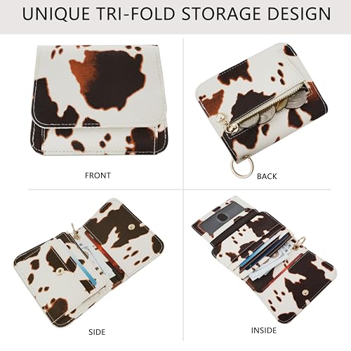Keychain Wallet for Women,RFID Wristlet Wallet with Beaded Strap | Tri-Fold Design,6 Card Slots,ID Window,Zipper Coin Pocket,Lightweight Carry - color: Cow