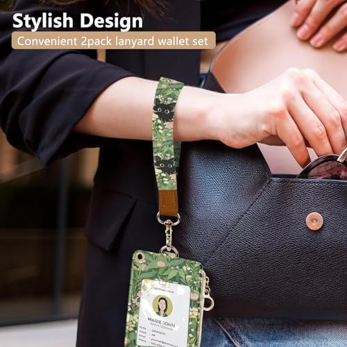 bolimoss Black Cat Lanyard Wallet with Id Badge Holder, Cute Flower Zippered Coin Pouch Credit Card Holder, Women Small Wallet with Removable Wristlet & Neck Lanyard, 5 Card Slots, Ring Keychain - color: Cute Black Cat Floral
