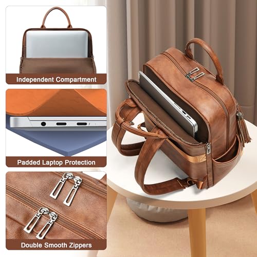 Laptop Backpack for Women 15.6 inch Travel Leather Backpack Purse Work Computer Backpacks for Business College Brown - color: Brown