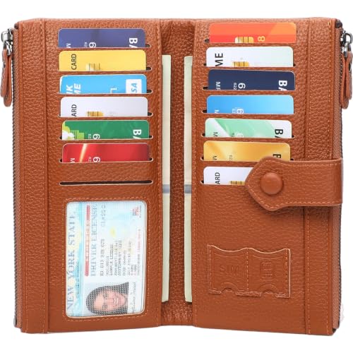 Women Soft Leather Wallets Slim Bifold RFID Blocking Ladies Credit Card Holder Double Zipper Pockets - color: B04 Brown