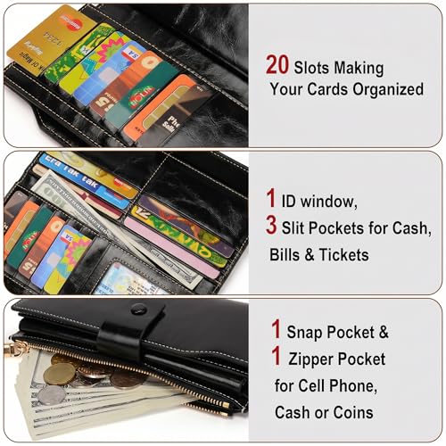 YALUXE Women's RFID Real Leather Wallet with 21 Card Slots Phone Pocket - color: 3- Waxed Black, size: Genuine Leather