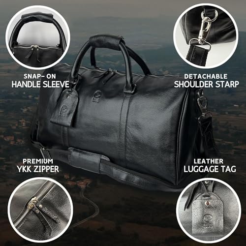 Leather Duffle Bag for Men - Full Grain Travel Weekender, Black 20 Inch - color: Jet Black