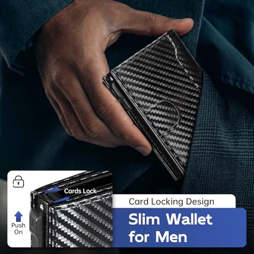 Wallet for Men, Slim Minimalist Mens Wallet for RFID Blocking, Front Pocket Credit Card Holder Wallets with ID Window, Smart Pop Up Metal Aluminum Case Gift for Men, Carbon Fiber Black
